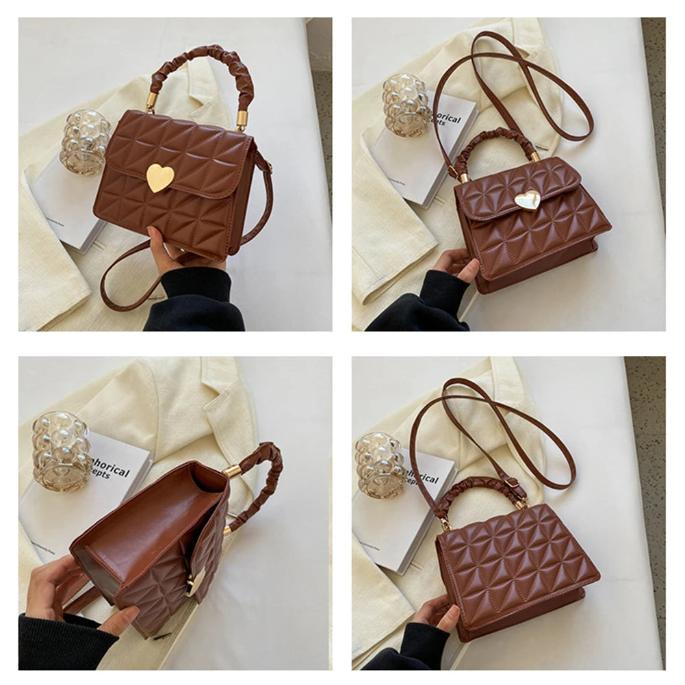 Women Crossbody Bags Pleated Heart Hasp Top-handle Bag Casual PU Leather Soft Th