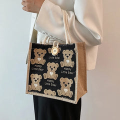 Women Bear Pattern Shoulder Bag Flax Female Student Handbag Casual Tote Bags