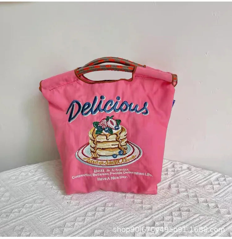Women Cartoon Handbag Embroidered Canvas Shoulder Bag Schoolgirl Tote