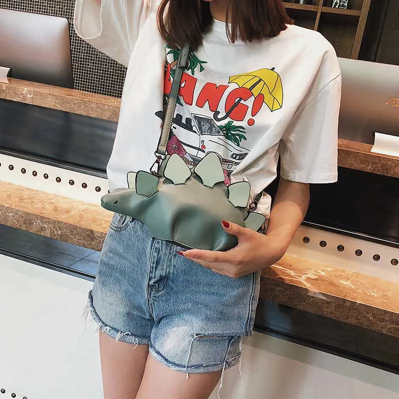 Women Dinosaur Shape Cross Body Bag Funny Girl PU Leather Handbag Lightweight