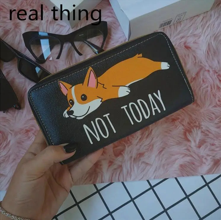 Women Schnauzer Pattern Slim Wallet Mobile Money Bag Ladies PU Leather Purse