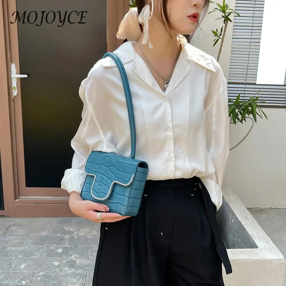 Stone Pattern Rhinestone Shoulder Bag Ladies Top-handle PU Handba