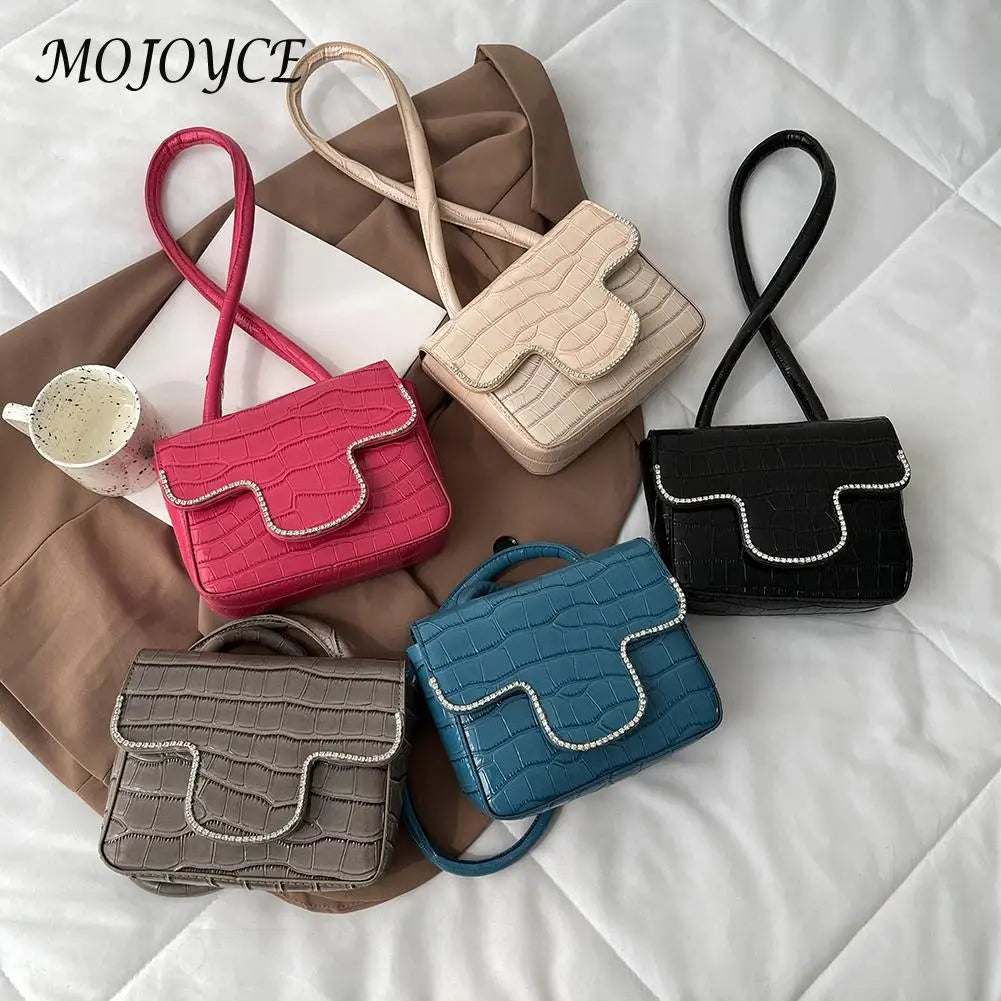 Stone Pattern Rhinestone Shoulder Bag Ladies Top-handle PU Handba