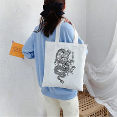 Women Dragon Canvas Shopper Bag Harajuku Vintage Shoulder Handbag