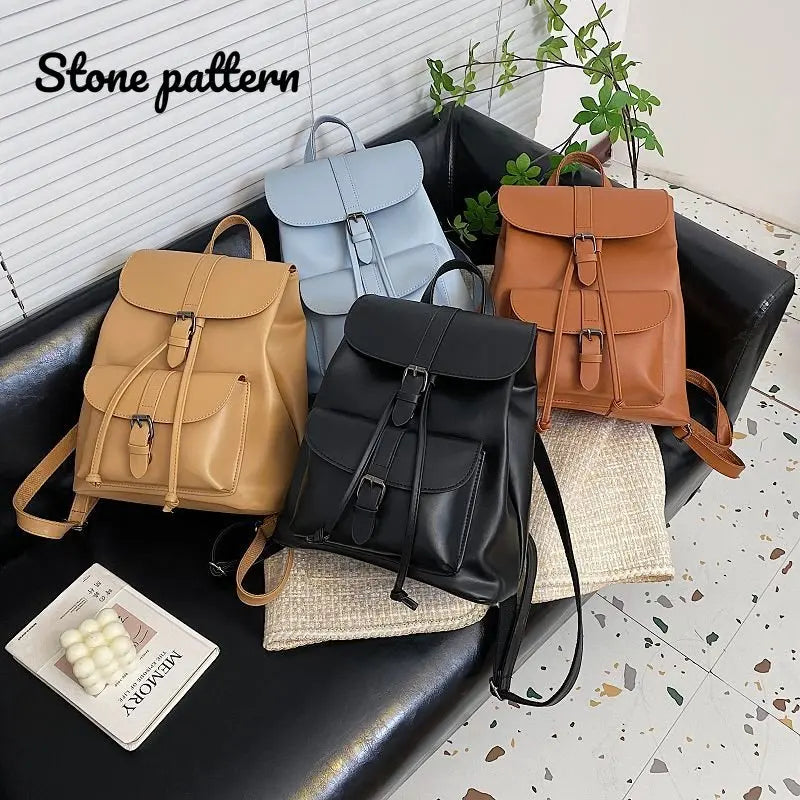 Women Drawstring Backpack PU Leather School bags Teenage Girls B