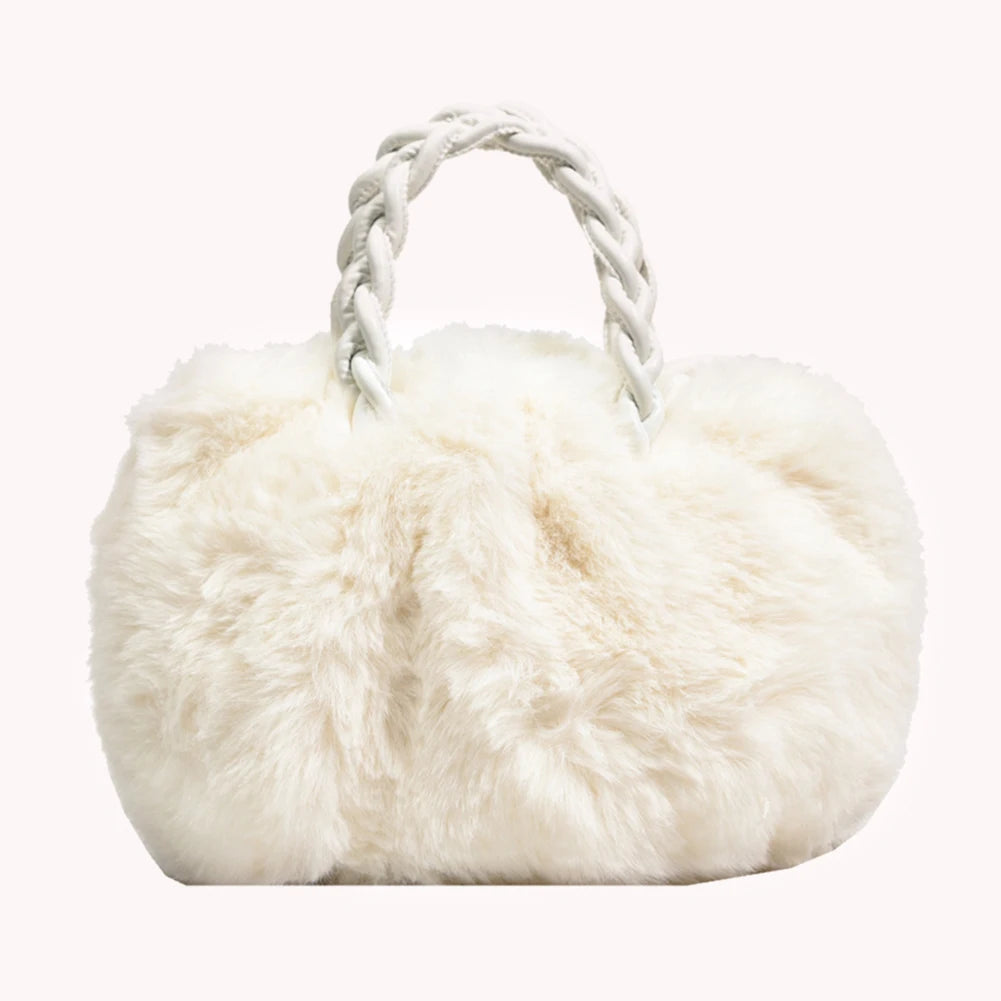 Fluffy Shoulder Bag for Women, Woven Handle Crossbody Handbag
