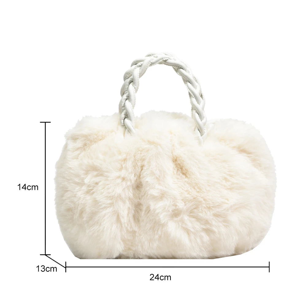 Fluffy Shoulder Bag for Women, Woven Handle Crossbody Handbag