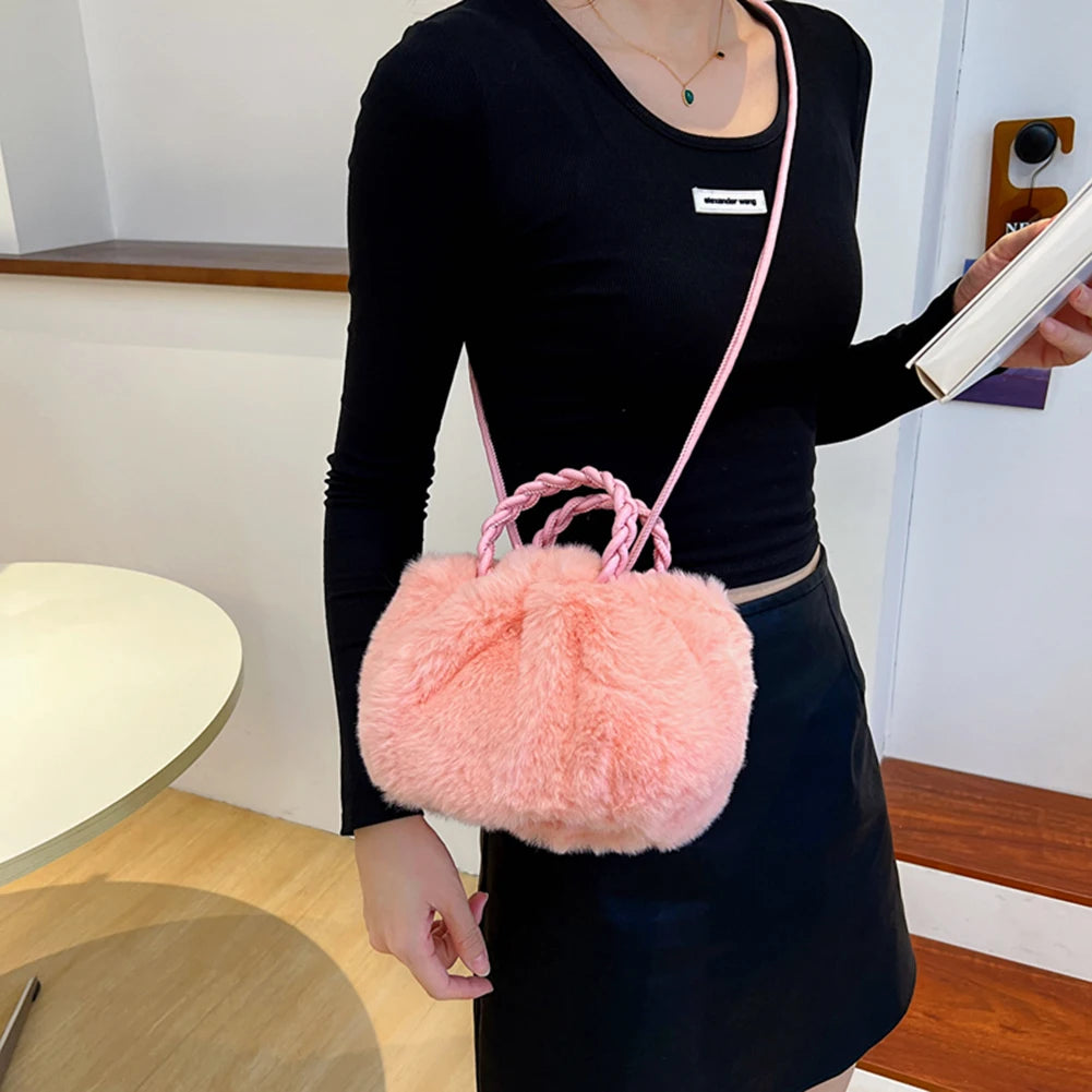 Plush Shoulder Handbags Woven Handle Crossbody Satchels Small Travel Tote