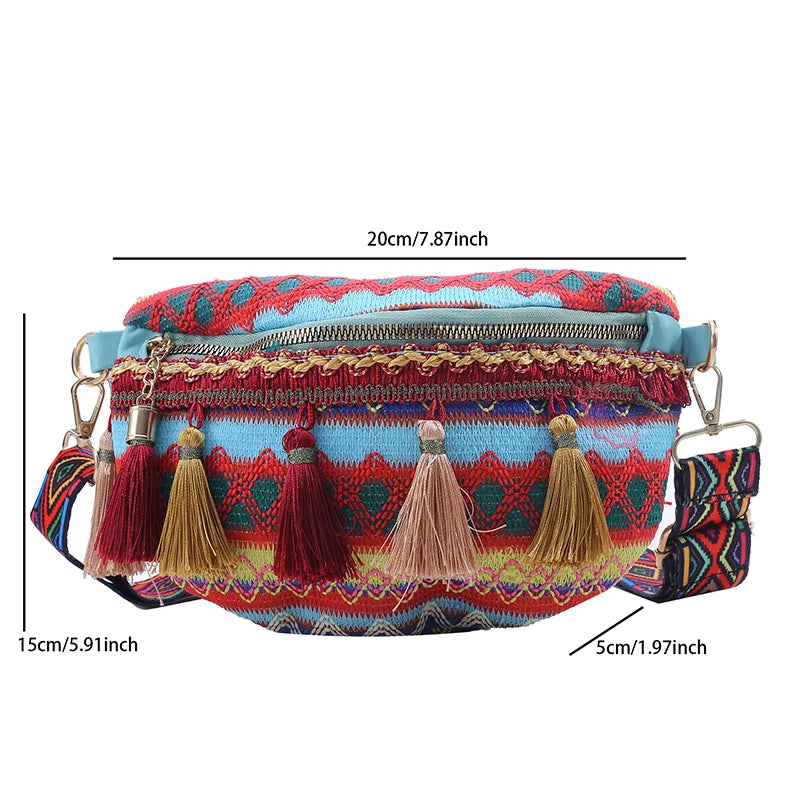 Ethnic Style Waist Bag Variegated Fanny Pack with Fringe Crossbody Chest Bag