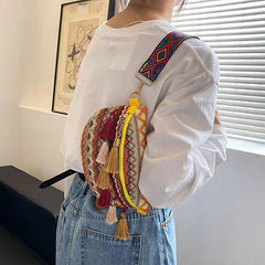 Ethnic Style Waist Bag Variegated Fanny Pack with Fringe Crossbody Chest Bag