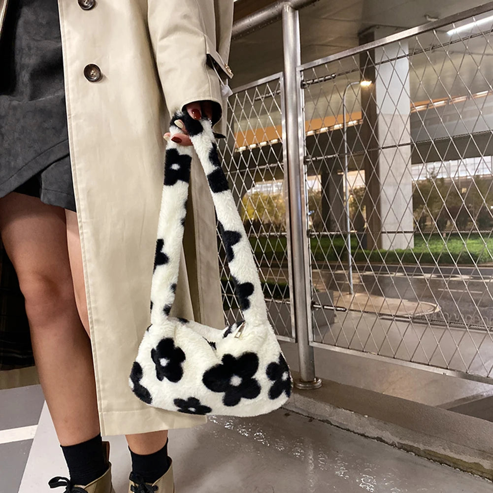 Women Bear Print Plush Shoulder Bag Autumn Handbags