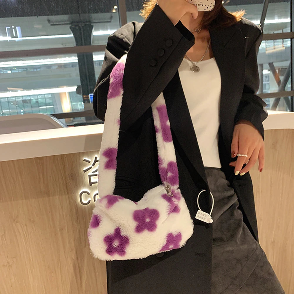 Women Bear Print Plush Shoulder Bag Autumn Handbags