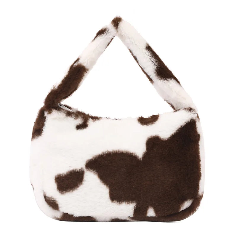 Women Shoulder Bag Cow Print Flower Plush Handbag