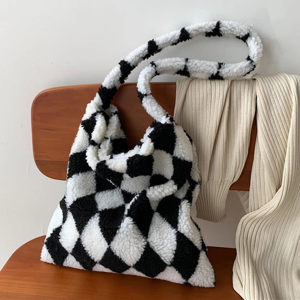 Checkerboard Print Shopping Bag Large Capacity Shoulder Bags