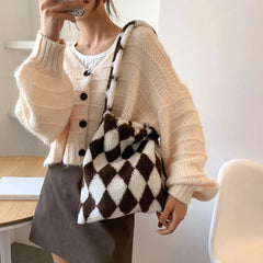 Checkerboard Print Shopping Bag Large Capacity Shoulder Bags