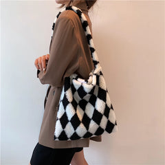 Checkerboard Print Shopping Bag Large Capacity Shoulder Bags