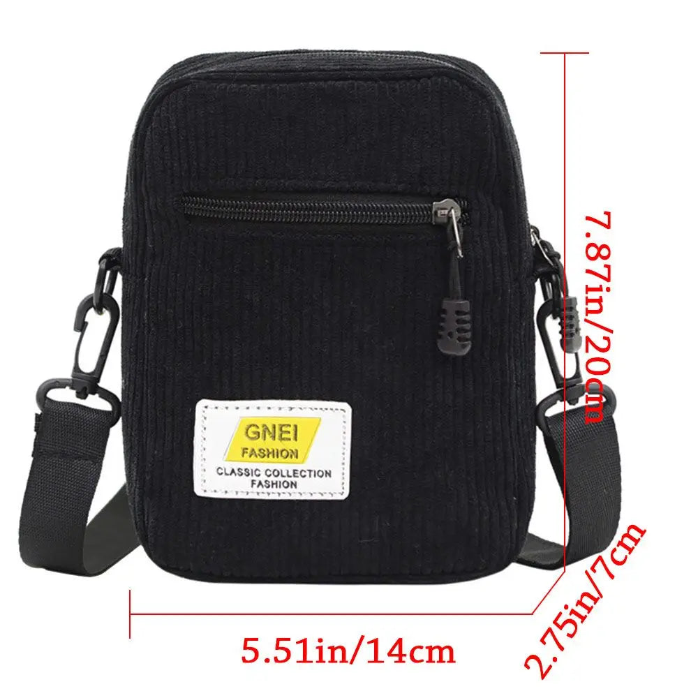 Women Corduroy Messenger Bag Black/White Casual Style Shoulder Bag