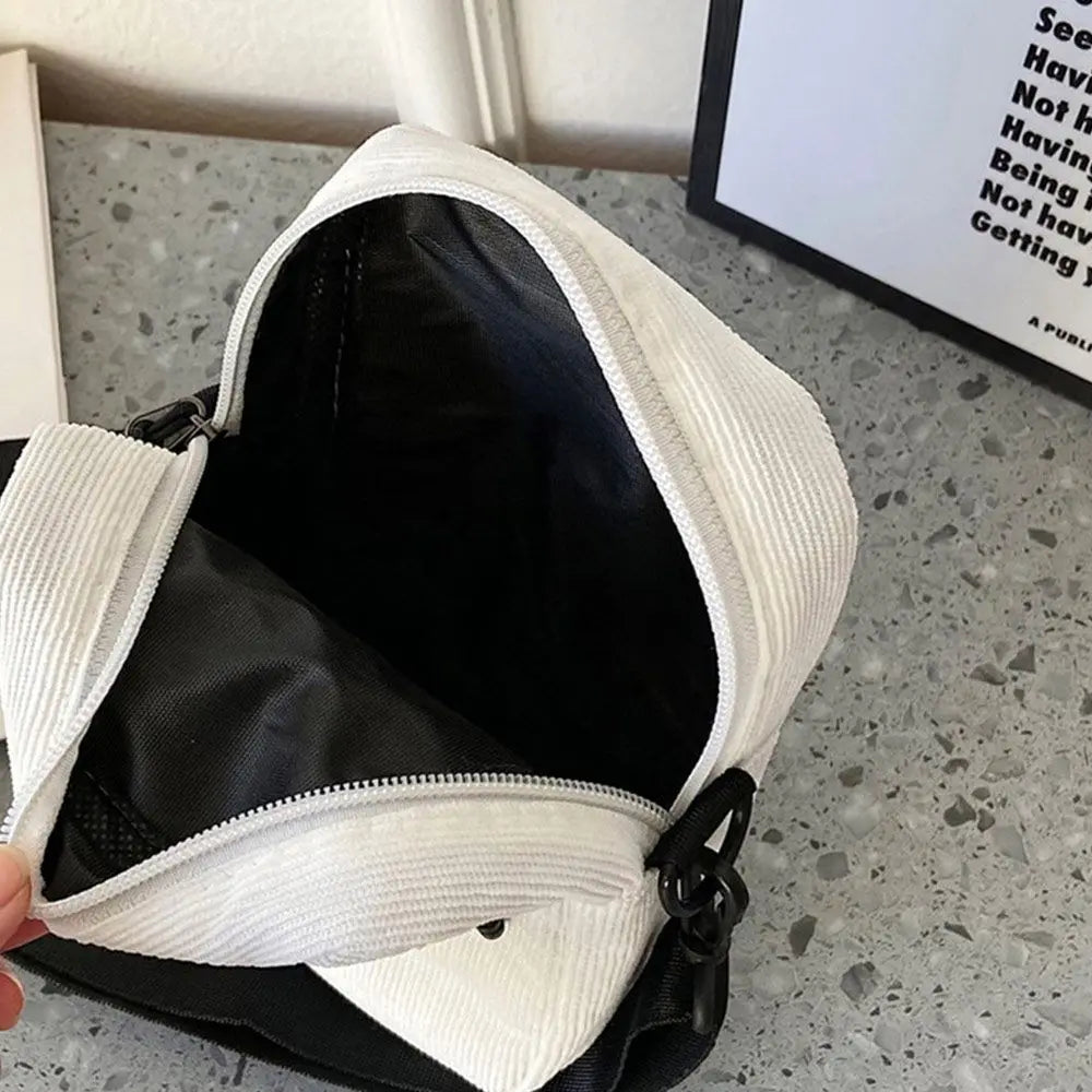 Women Corduroy Messenger Bag Black/White Casual Style Shoulder Bag