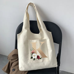 Initial Name Print Beige Canvas Tote Bag for Women