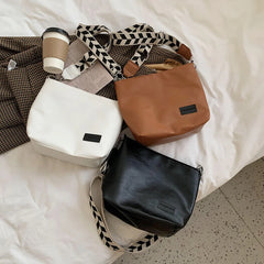 Women PU Leather Shoulder Bucket Bag Plaid Pattern Strap Shoulder Totes