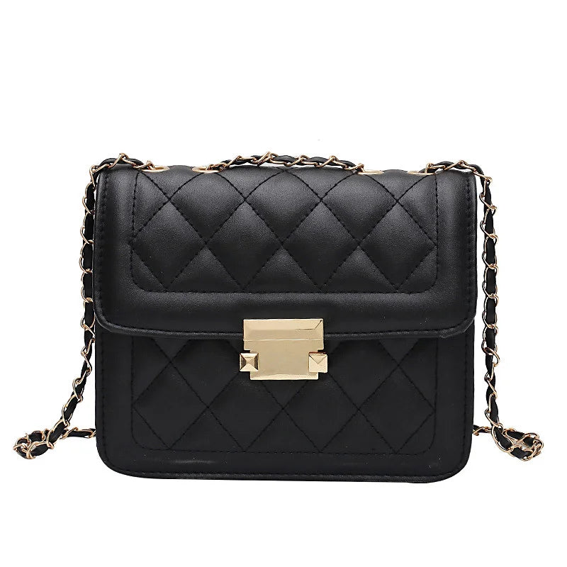 Women Shoulder Bag Diamond Thread Metal Lock Closure Leather Crossbody Handbag
