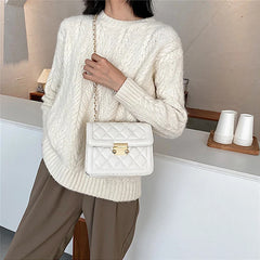 Women Shoulder Bag Diamond Thread Metal Lock Closure Leather Crossbody Handbag