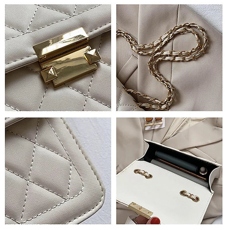Women Shoulder Bag Diamond Thread Metal Lock Closure Leather Crossbody Handbag