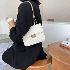 Women Shoulder Bag Diamond Thread Metal Lock Closure Leather Crossbody Handbag