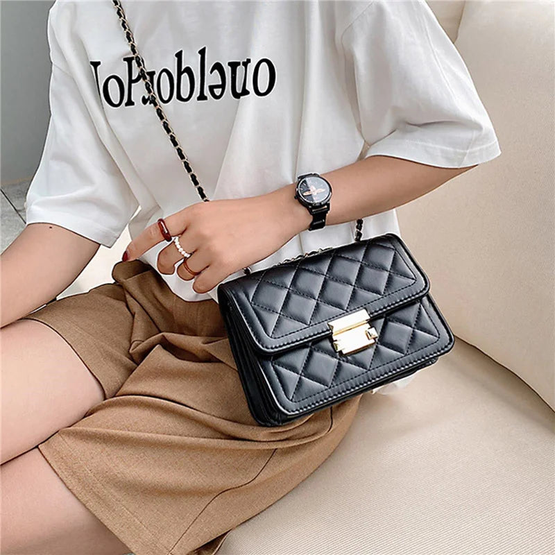 Women Shoulder Bag Diamond Thread Metal Lock Closure Leather Crossbody Handbag