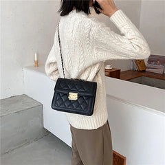 Women Shoulder Bag Diamond Thread Metal Lock Closure Leather Crossbody Handbag