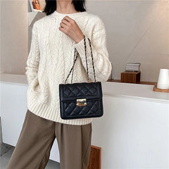 Women Shoulder Bag Diamond Thread Metal Lock Closure Leather Crossbody Handbag