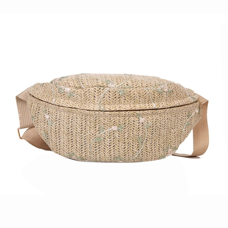 Straw Waist Fanny Pack Large Phone Bag Travel Crossbody Chest Purse