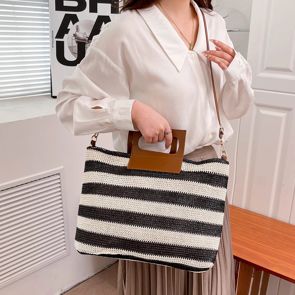 Women Clutch Large Capacity Knit Messenger Bag Striped Soft Zipper