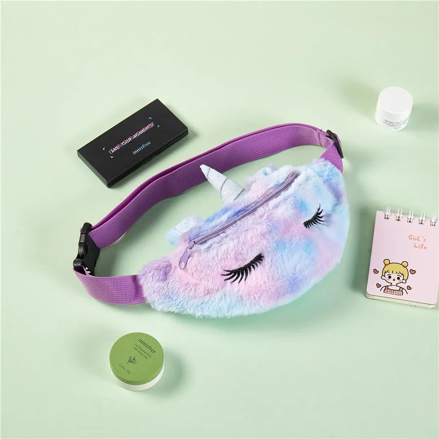 Women Flannel Waist Pack Unicorn Eyelash Shoulder Belt Bag