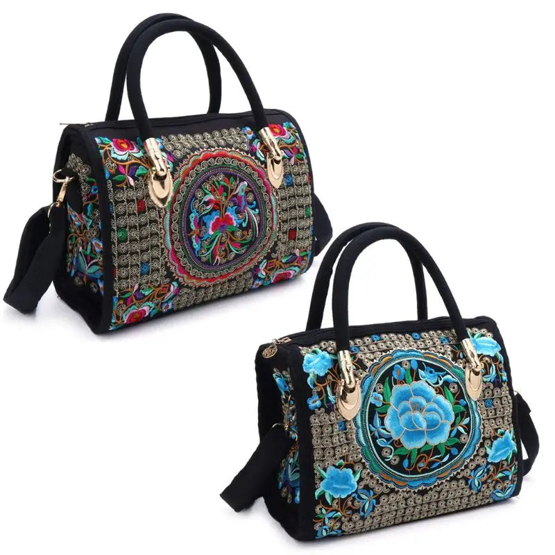 Floral Embroidered Handbag Boho Canvas Shopping Tote Zipper Bag