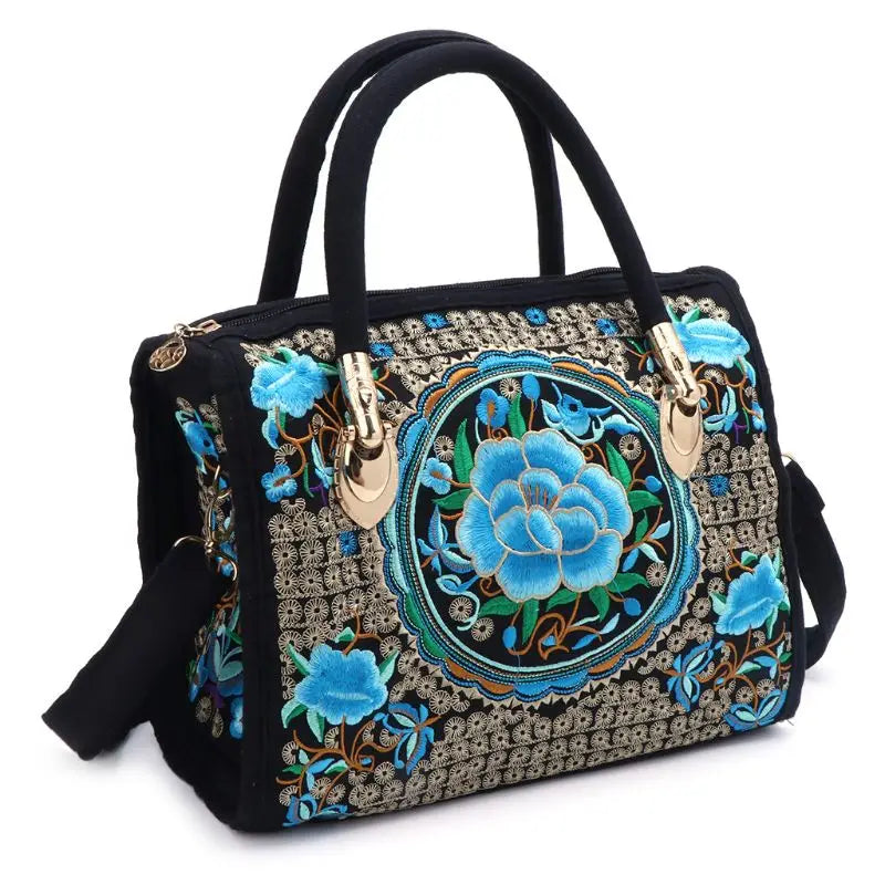 Floral Embroidered Handbag Boho Canvas Shopping Tote Zipper Bag