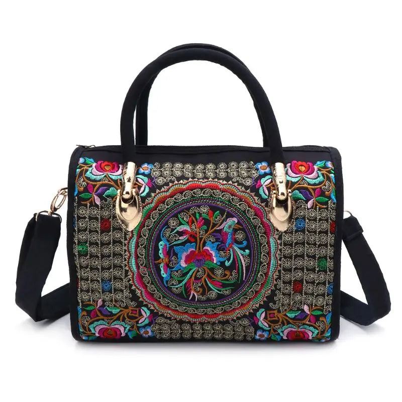 Boho Floral Embroidered Handbag Canvas Zipper Bag