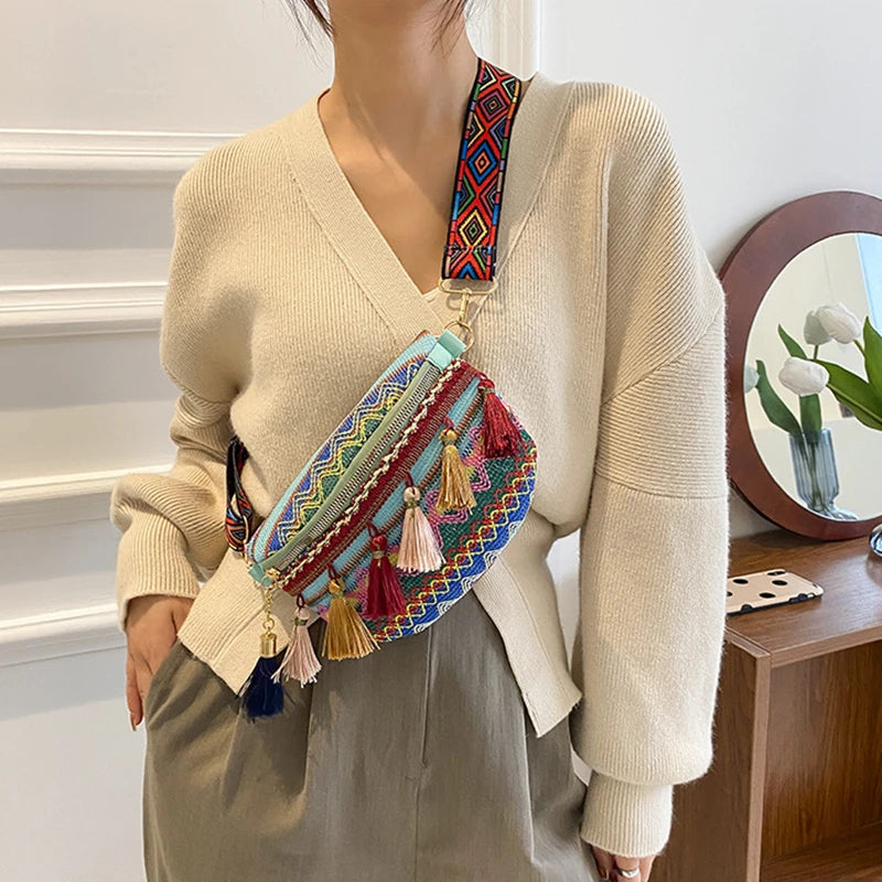 Women Folk Style Waist Bags with Adjustable Strap Variegated Fanny Pack