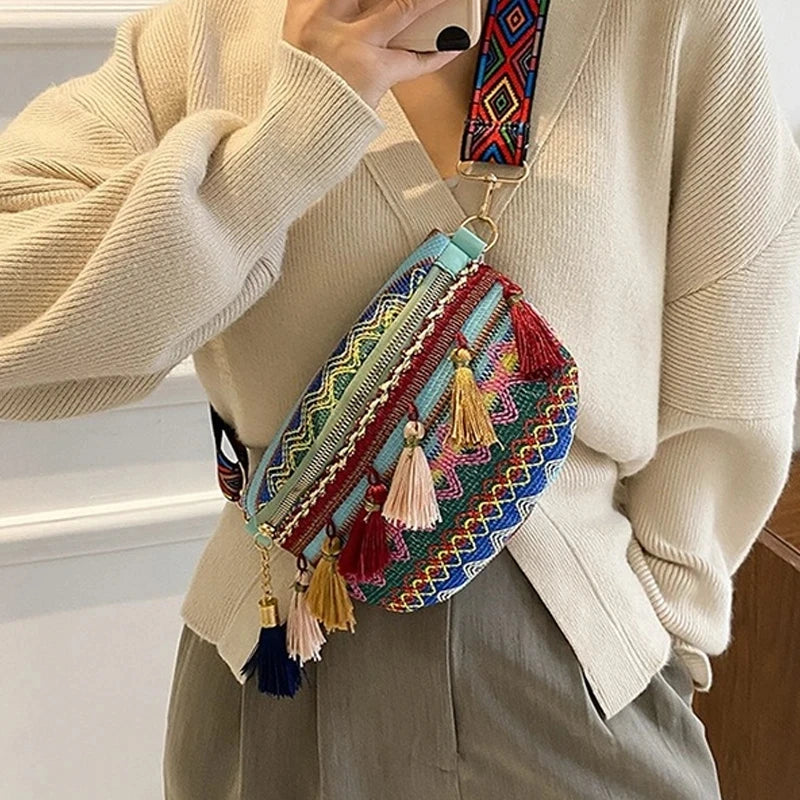 Folk Style Waist Bag with Adjustable Strap and Fringe Decor