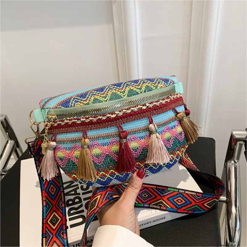 Folk Style Waist Bag with Adjustable Strap and Fringe Decor