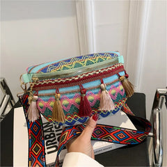 Folk Style Waist Bag with Adjustable Strap and Fringe Decor