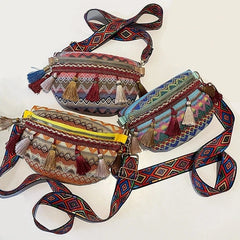 Folk Style Waist Bag with Adjustable Strap and Fringe Decor