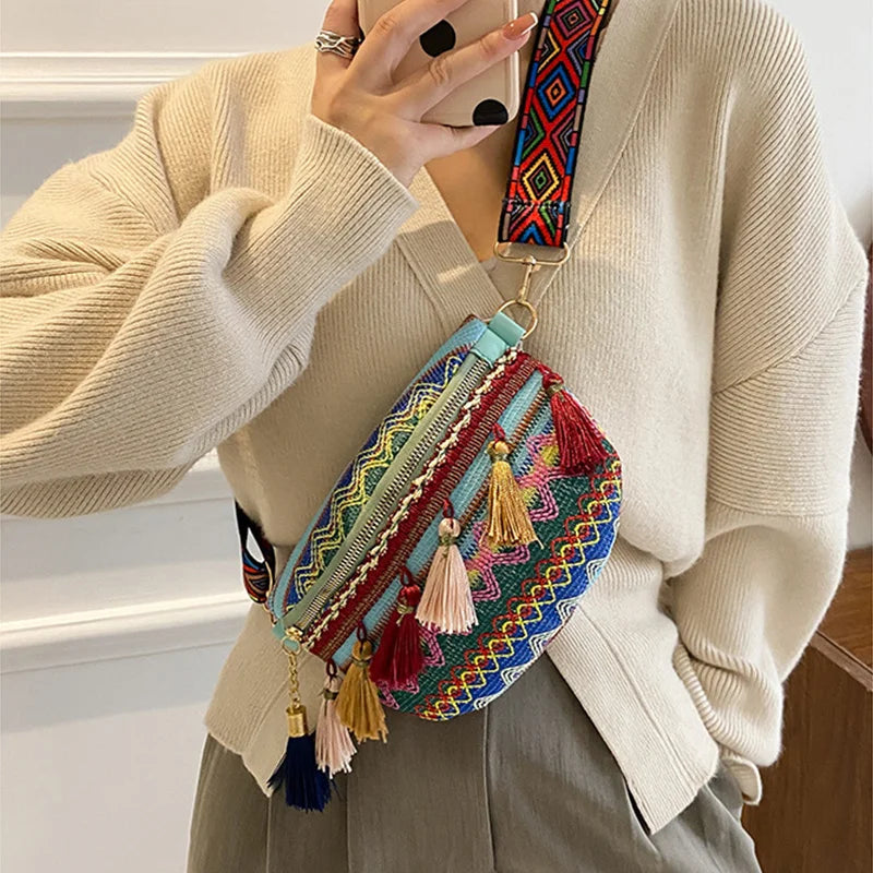 Women Folk Style Waist Bag with Adjustable Strap Variegated Fringe Fanny Pack
