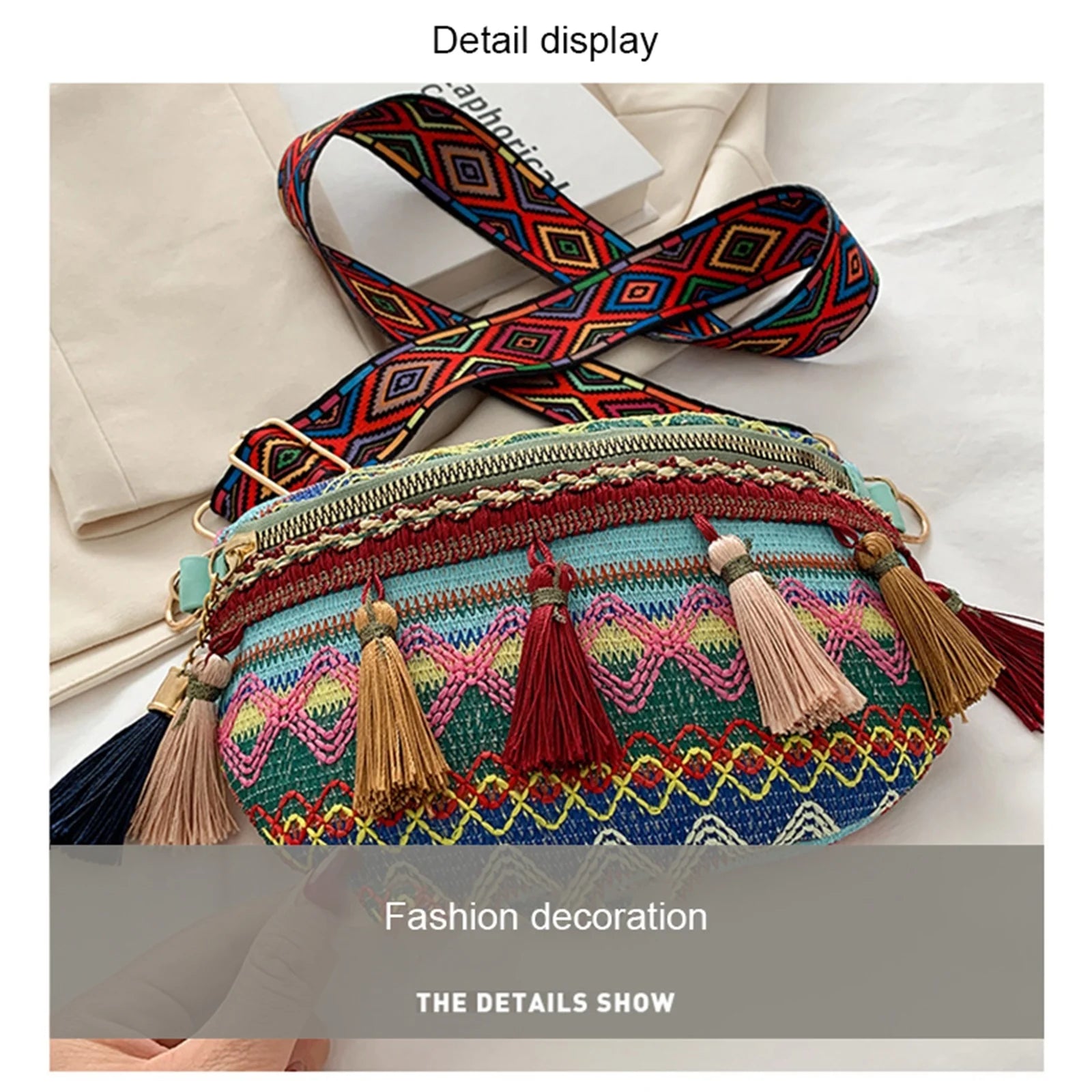 Women Folk Style Waist Bag with Adjustable Strap Variegated Fringe Fanny Pack