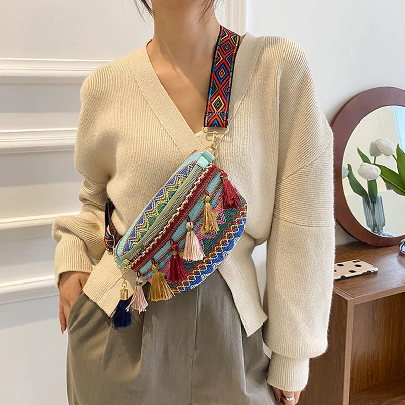 Women Folk Style Waist Bag with Adjustable Strap Variegated Fringe Fanny Pack