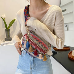 Women Folk Style Waist Bag with Adjustable Strap Variegated Fringe Fanny Pack