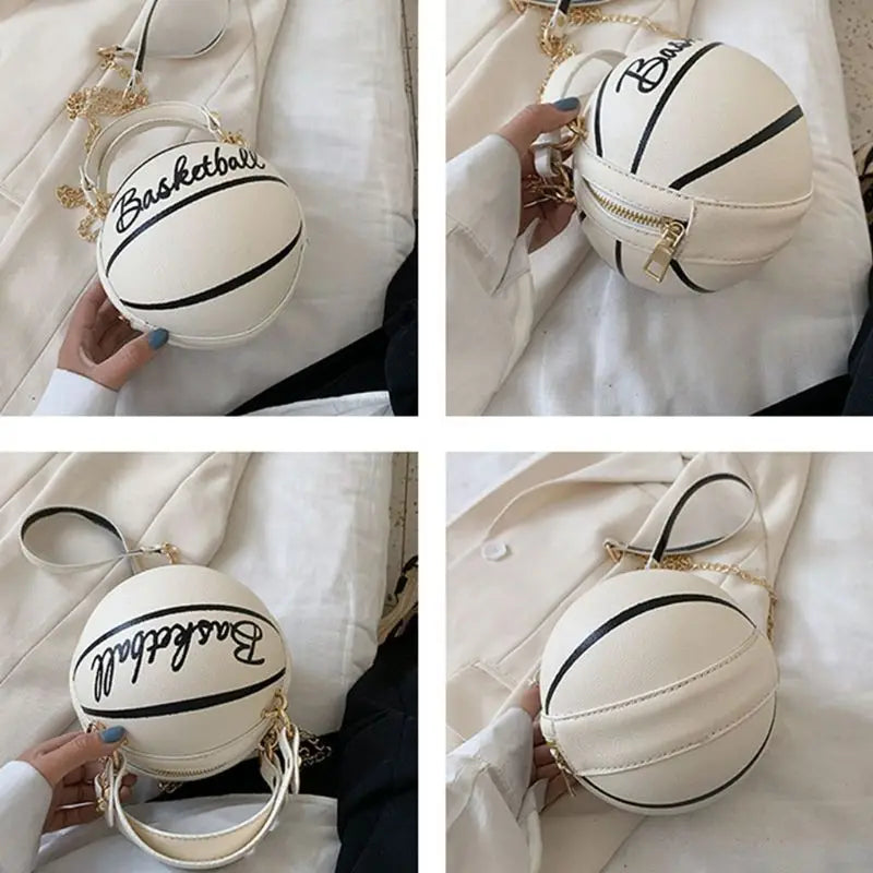 Women Girl Basketball Round PU Leather Handbag Chain Shoulder Messenger