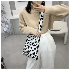 Plush Cow Print Crossbody Purse Lightweight Travel Satchel