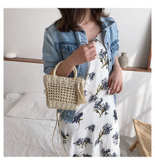 Straw Cross-body Bag with Tassels for Women Girls