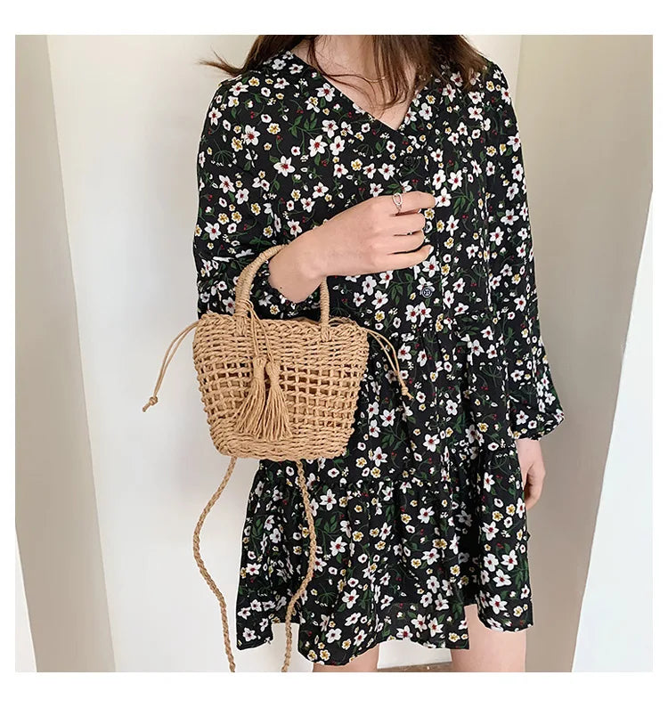 Straw Cross-body Bag with Tassels for Women Girls